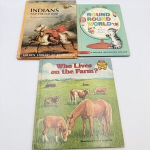 Vintage Golden Press Book Lot 3 Indians Old West Round World Who Lives on Farm